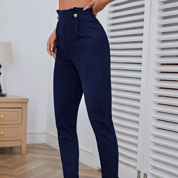Navy Blue High Waisted Button Pants in M - Picture 4 of 5